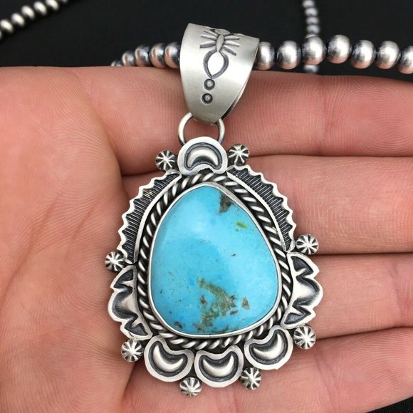 Navajo Sterling Silver Blue Necklace Pendant Ln 20 - Picture 9 of 12